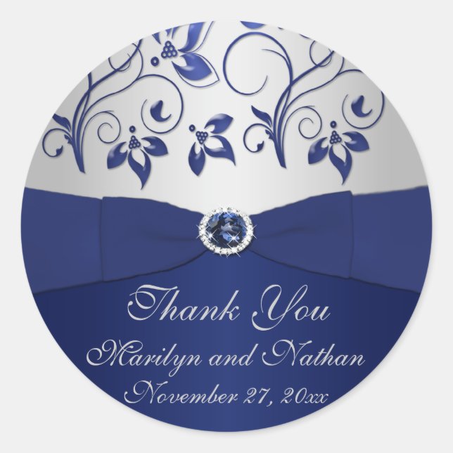 Navy und Silver Floral 1,5" Danke Sticker (Vorderseite)