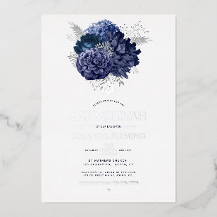 Navy und Silver Floral Bat Mitzvah Foto Folieneinladung