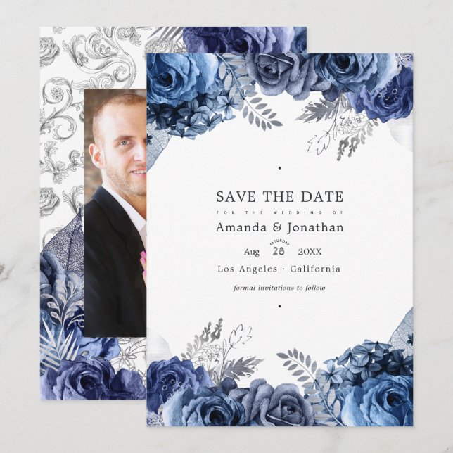 Navy und Silver Imitats Foil Floral Wedding Foto Save The Date (Vorne/Hinten)