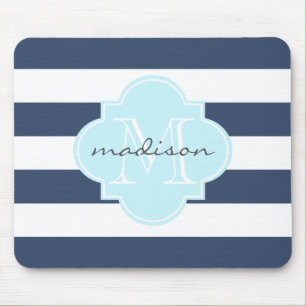 Navy und Sky Blue Nautical Stripes Custom Monogram Mousepad