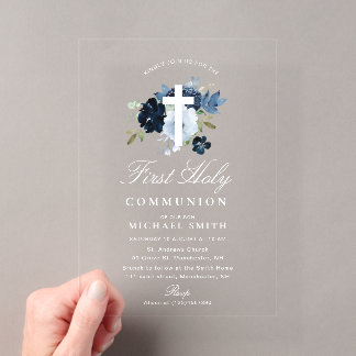 Navy- und staubblaues florales Erstkommunion-Outfi Acryleinladungen