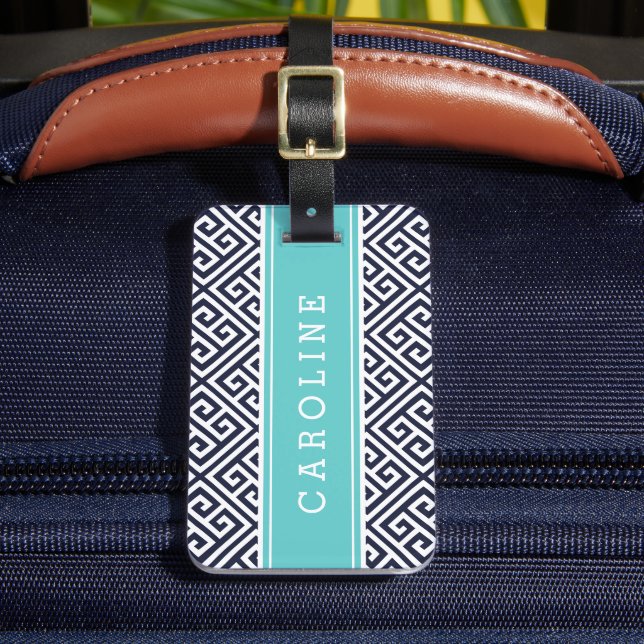 Navy und Türkisgriechisches Schlüsselmonogramm Gepäckanhänger (Vorderseite Insitu 2)