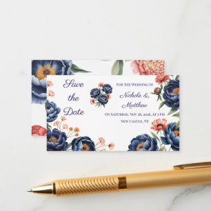 Navy- und verbranntes Orange florales Save-the-Dat Begleitkarte
