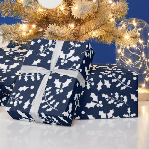 Navy- und Weiß festliches Weihnachts-Stechpalmen-M Geschenkpapier