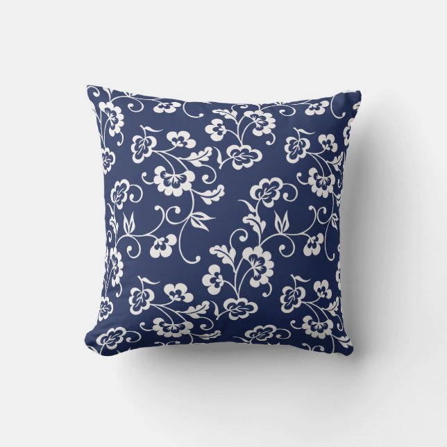 Navy und Weiß Floral Muster Kissen (Vorderseite)