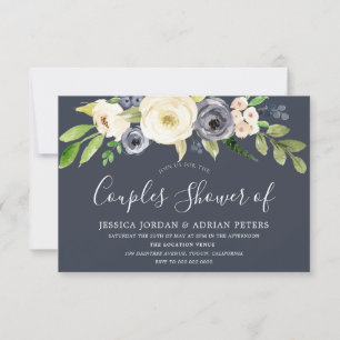 Navy- und weiße Aquarell-Blumen-Paar-Dusche Einladung