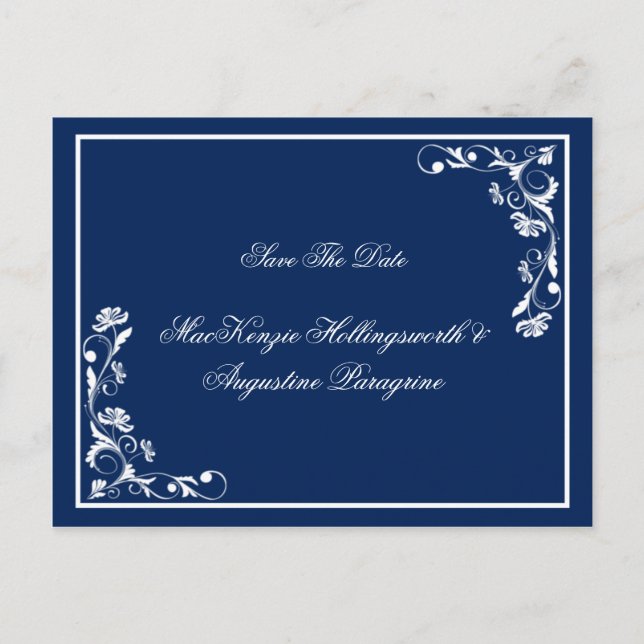 Navy und Weiße Flora Save the Date Ankündigungspostkarte (Vorderseite)