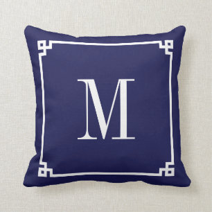 Navy und weiße griechische Schlüsselrand-Monogramm Kissen