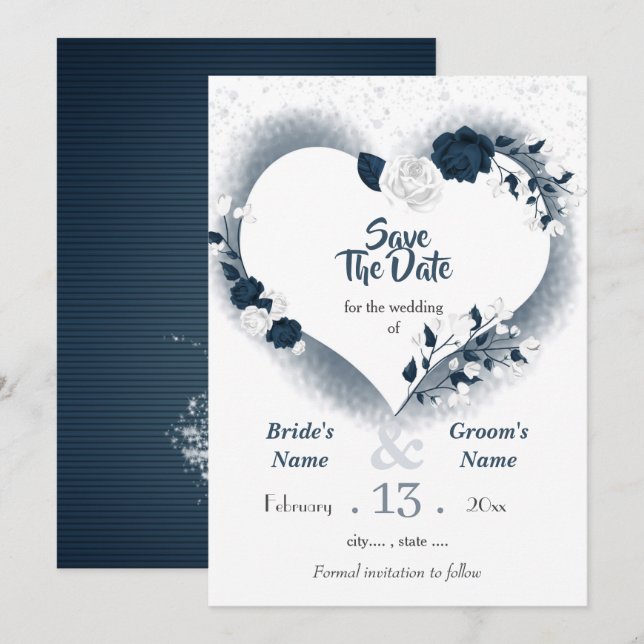 Navy und weißes Blumenherz Save The Date (Vorne/Hinten)