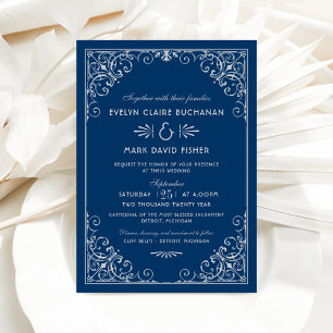 Navy- und Weißverzierte Hochzeit mit Schriftrolle Einladung