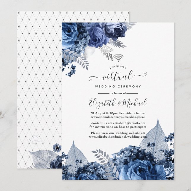 Navy und White mit Silver Foil Virtual Wedding Einladung (Vorne/Hinten)
