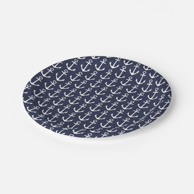 Navy und White Nautical Anchor Pappteller (Schrägansicht)