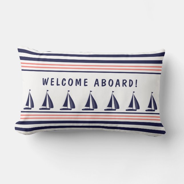 Navy und White Strike Nautical Welcome Bard Kissen Für Draußen (Vorderseite)