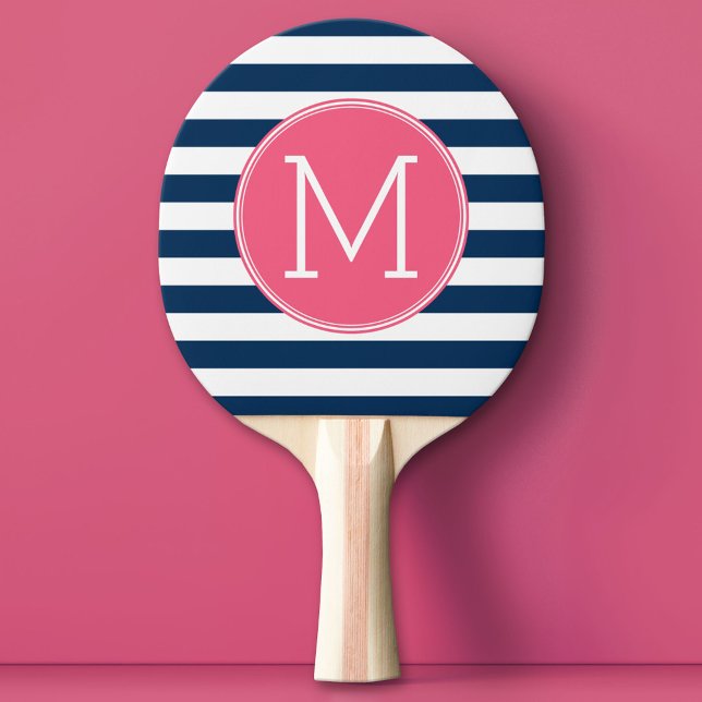 Navy und White Striping Muster Hot Pink Monogram Tischtennis Schläger (Custom Monogram Ping Pong Paddle)
