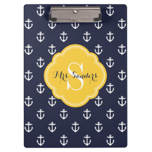 Navy und Yellow Anchors Custom Monogram Klemmbrett