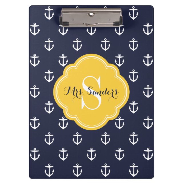 Navy und Yellow Anchors Custom Monogram Klemmbrett (Vorderseite)