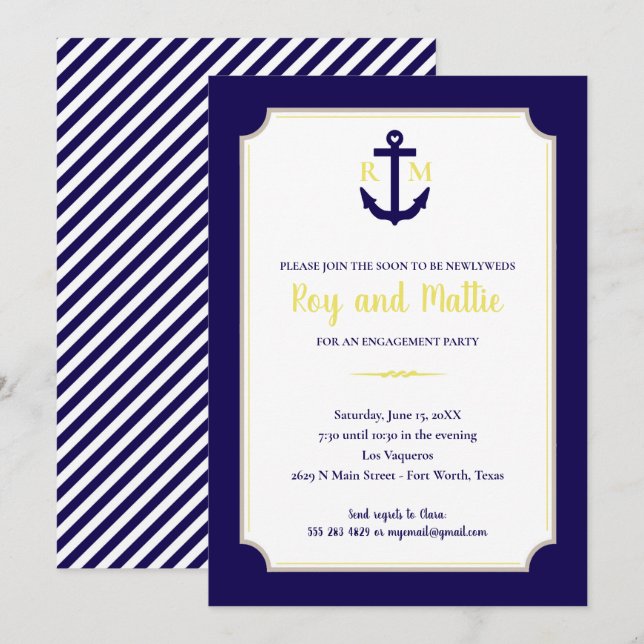 Navy und Yellow Nautic Anker Party Einladung (Vorne/Hinten)