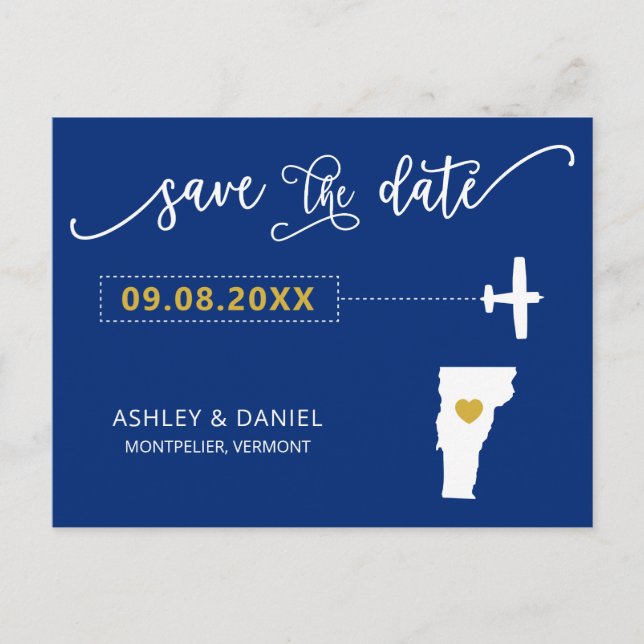 Navy Vermont Wedding Save the Date Map Postcard Postkarte (Vorderseite)
