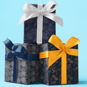 Navy Verziert Damask Blue Pattern Geschenkpapier Set
