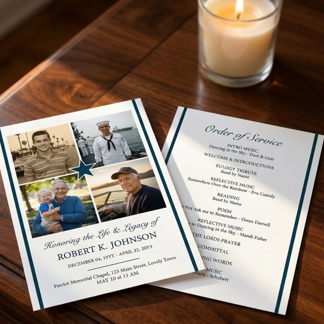 Navy Veteran 4 Photo Collage Flat Funeral Program Einladung (Double sided Order of Service funeral program 4 photos - designed for Navy Veteran or ex-serviceman)