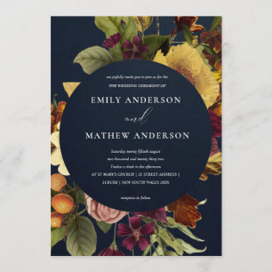 NAVY VINTAG RETRO BURGUNDY YELLOW FLORAL WEDD EINLADUNG