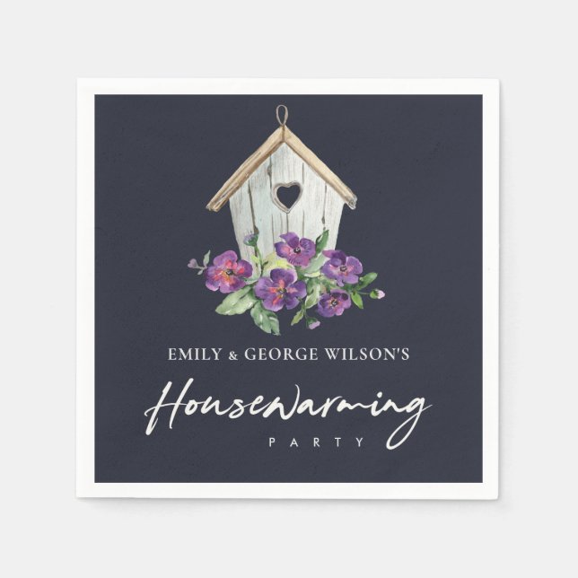 NAVY VIOLET FLORAL BIRD HOUSE HOUSEWARMING PARTY SERVIETTE (Vorderseite)