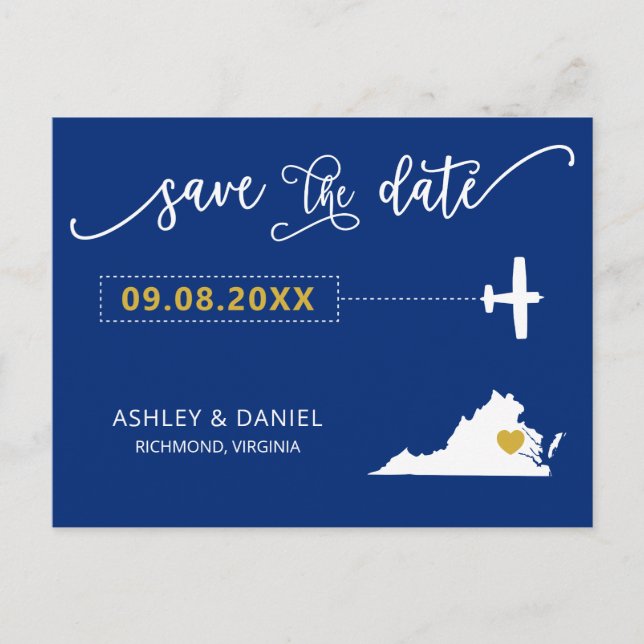Navy Virgnia Wedding Save the Date Map Postcard Postkarte (Vorderseite)