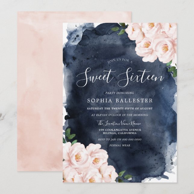 Navy Wasserfarbe Schöne Blütenblüte Sweet 16 Einladung (Vorne/Hinten)