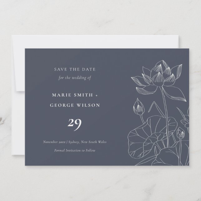 Navy Wasserlilie Floral Sketch Save the Date Karte (Vorderseite)