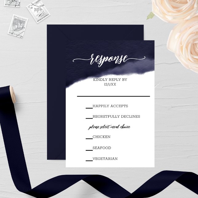 Navy Watercolor Brush Stroke Wedding RSVP Karte (Von Creator hochgeladen)