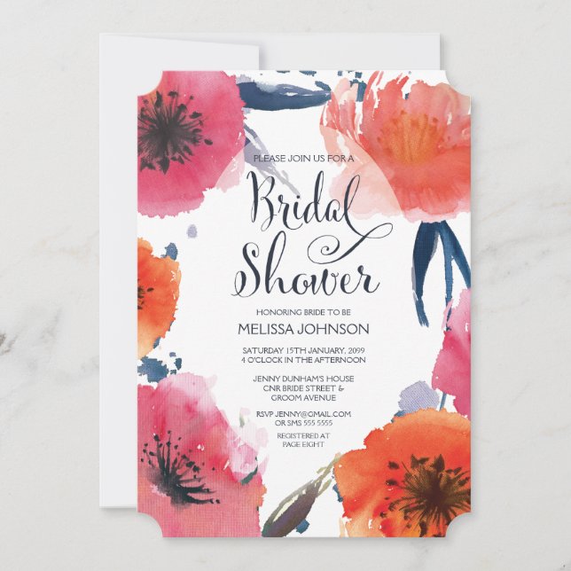 Navy Watercolor Floral Brautparty Einladung (Vorderseite)