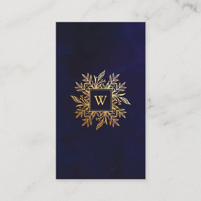 Navy Watercolor & Gold Foliage Monogram Emblem Visitenkarte (Vorderseite)