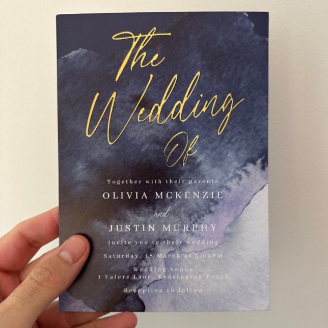 Navy Watercolor Moderne Hochzeitsgold Folieneinladung (Von Creator hochgeladen)