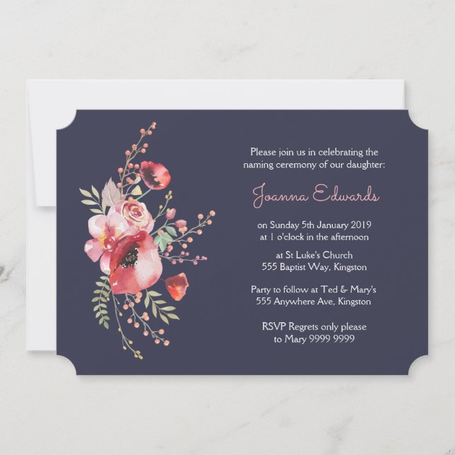 Navy Watercolor Poppies Namemony Einladung (Vorderseite)