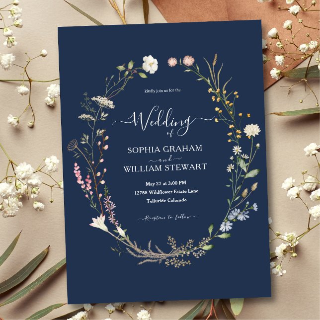 Navy Watercolor Wildblume Theme Boho Wedding Einladung (Von Creator hochgeladen)