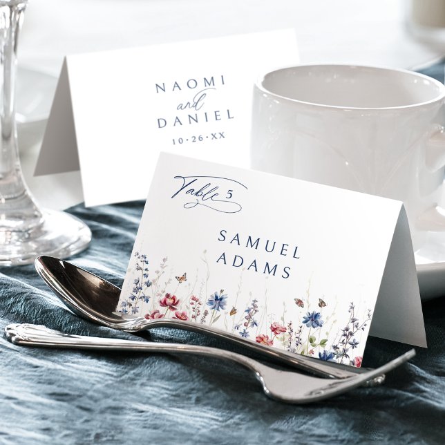 Navy Watercolor Wildflower Foldable Place Card Tischnummer (Navy Watercolor Wildflower Foldable Place Card)