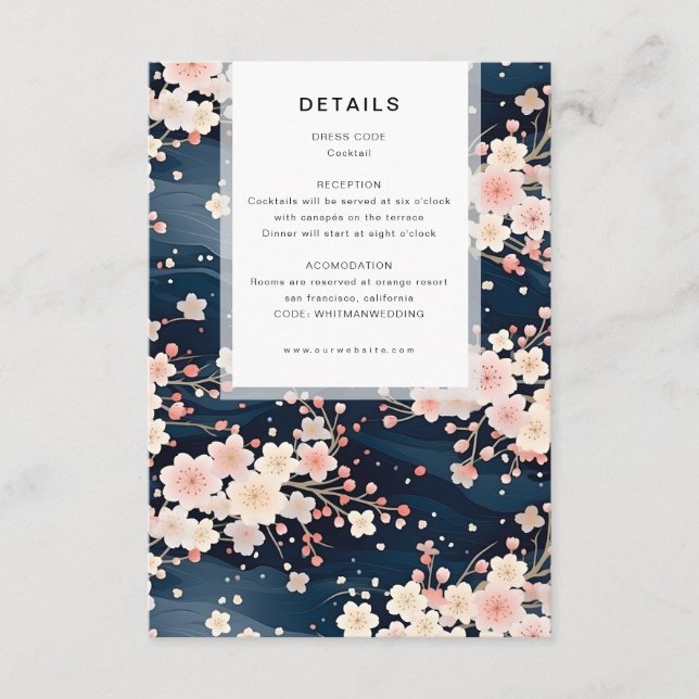 Navy Waves Sakura Blossom Modern Wedding Details Begleitkarte (Vorderseite)