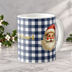 Navy & Weiß Büffel Karo Santa und Gold Name Kaffeetasse