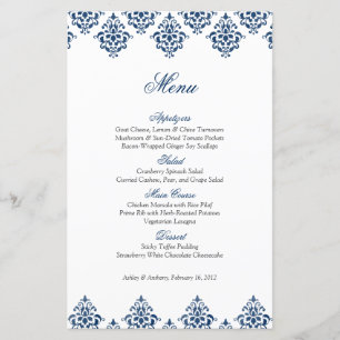 Navy-Weiß-Damaskus-Arabesken-Hochzeitsmenükarte