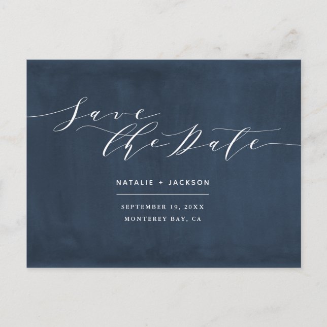 Navy + Weiß Hochzeit Save the Date Postkarte (Vorderseite)