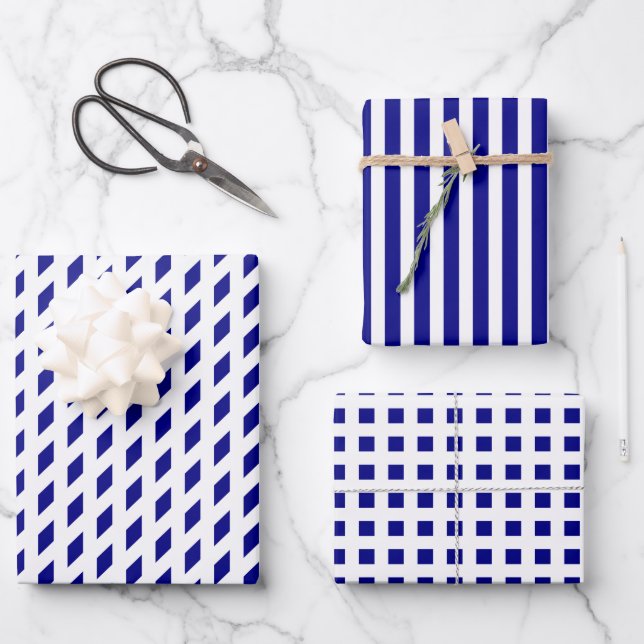 Navy Weiß Streifen Karo Diamant geometrisches Must Geschenkpapier Set (Vorderseite)