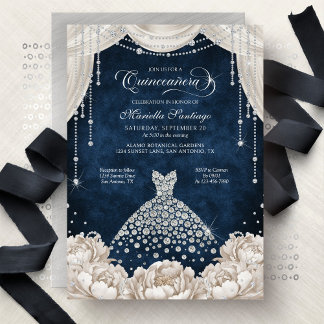 Navy Weiße Diamant Blumen Quinceanera Einladung