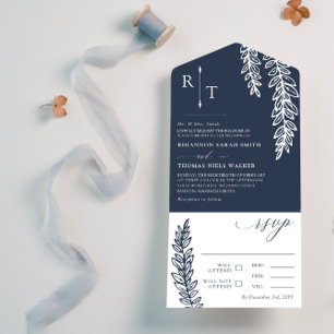 Navy Weiße Grün Monogrammierte Hochzeit All In One Einladung