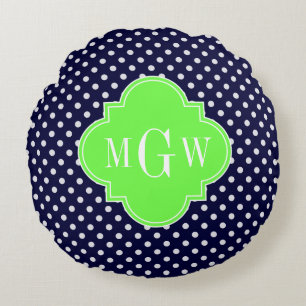 Navy Weiße Polka Dots Lime Quatrefoil 3 Monogramm Rundes Kissen