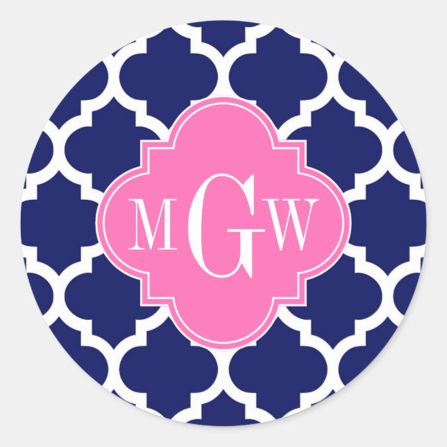 Navy Welches marokkanische #5 Hot Pink2 3 Initial  Runder Aufkleber (Vorderseite)