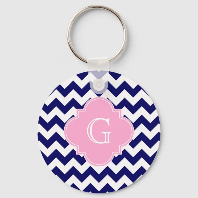Navy Welches Zickzack ZigZag Pink Quatrefolienmono Schlüsselanhänger (Vorderseite)