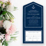 Navy White Anchor Nautical Wedding All In One Einladung<br><div class="desc">Elegant alles in einer Hochzeitseinladung in marineblau mit weißen Seilrahmen und einem weißen Anker und eleganten Schriftart für eine nautische Hochzeit.</div>