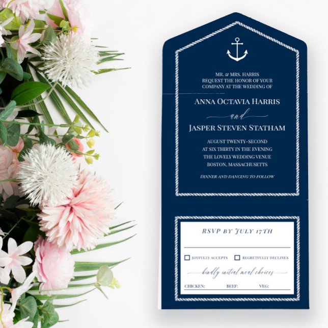 Navy White Anchor Nautical Wedding All In One Einladung (Von Creator hochgeladen)
