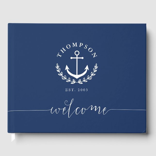 Navy White Anchor Wreath Nautic Name & Year Est Gästebuch (Vorderseite)
