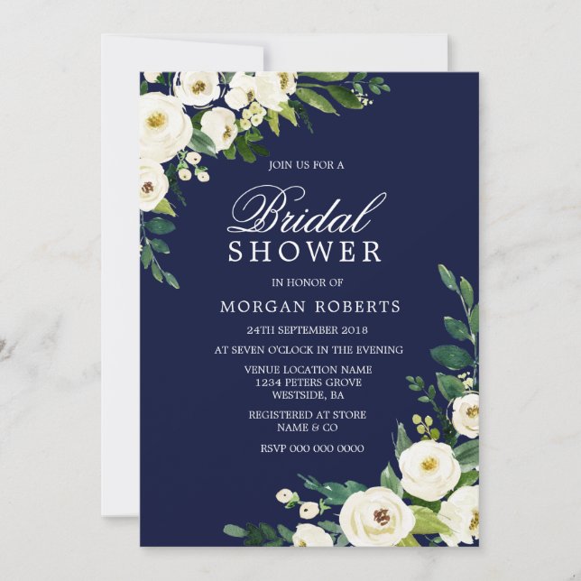 Navy & White Blume Modernes Brautparty laden ein Einladung (Vorderseite)